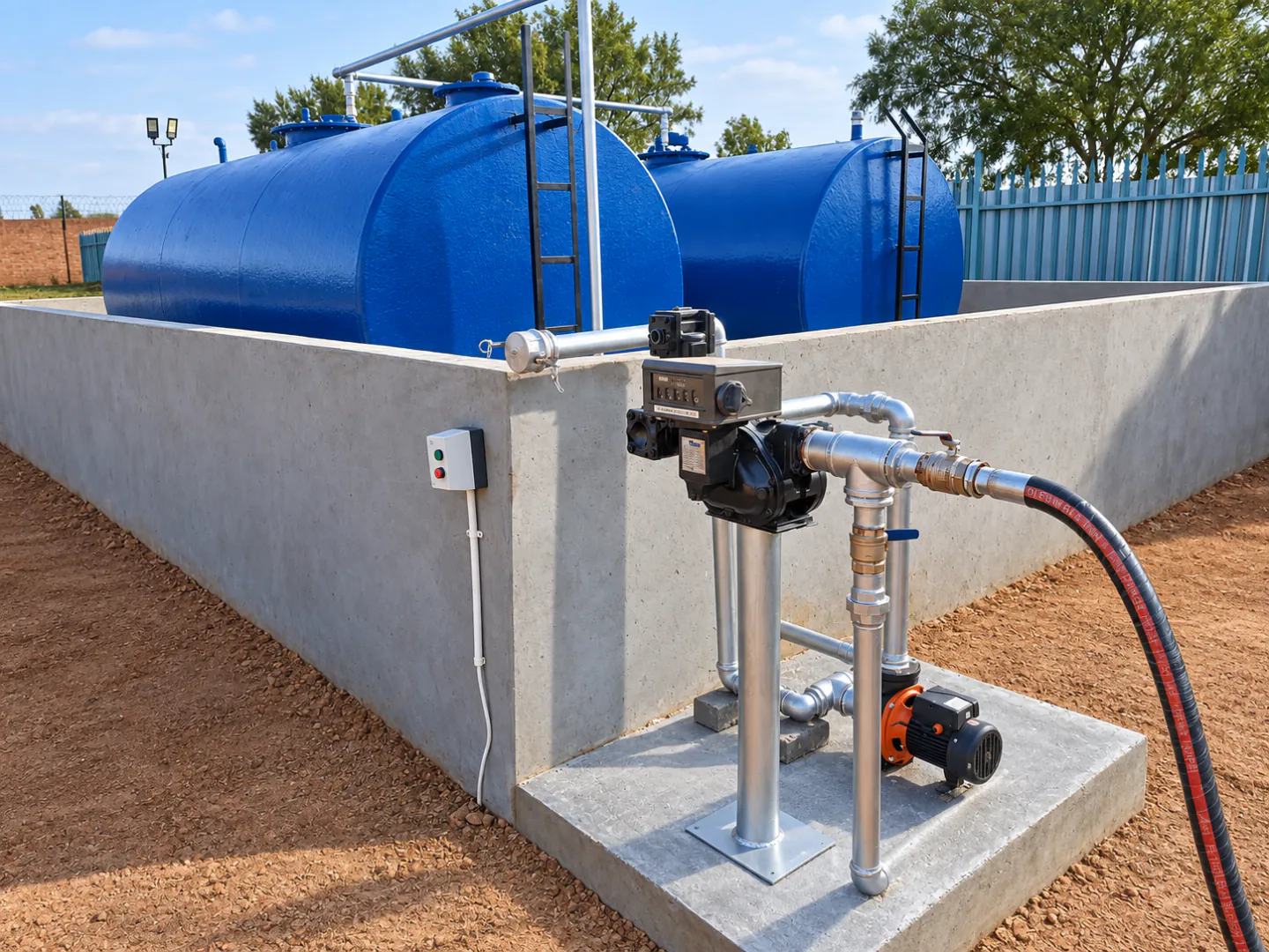 On-site fuel tanks with connected pumping and dispensing pipework